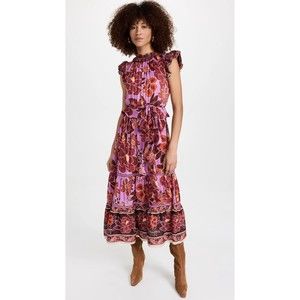 Farm Rio XL Sweet Floral Midi Dress Lilac Purple Belted Ruffles Tiered New $255